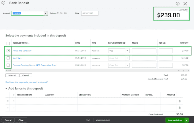 transfer undeposited funds to bank in QuickBooks